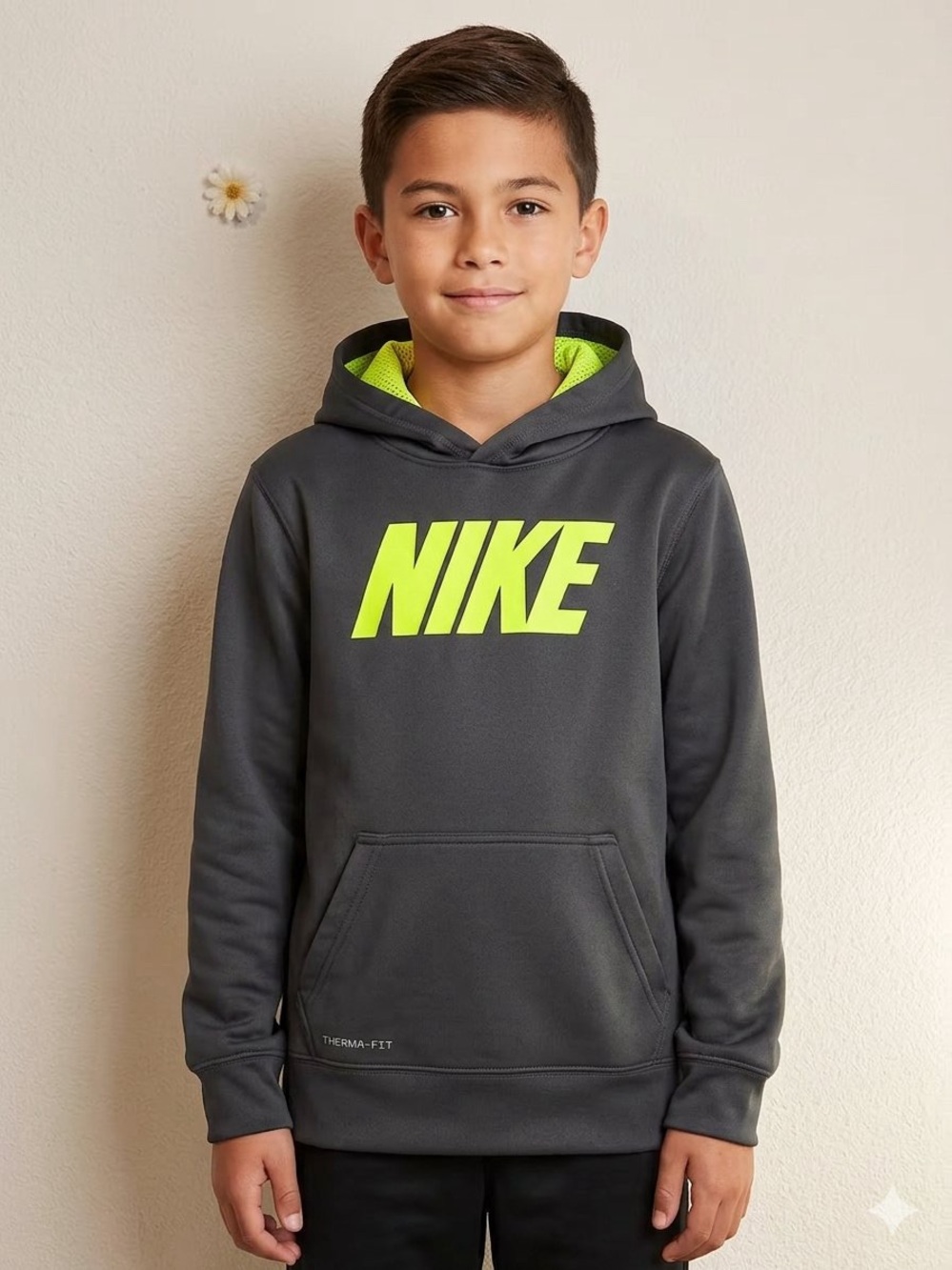 Nike Boys' Charcoal Gray Hoodie with Neon Yellow Logo